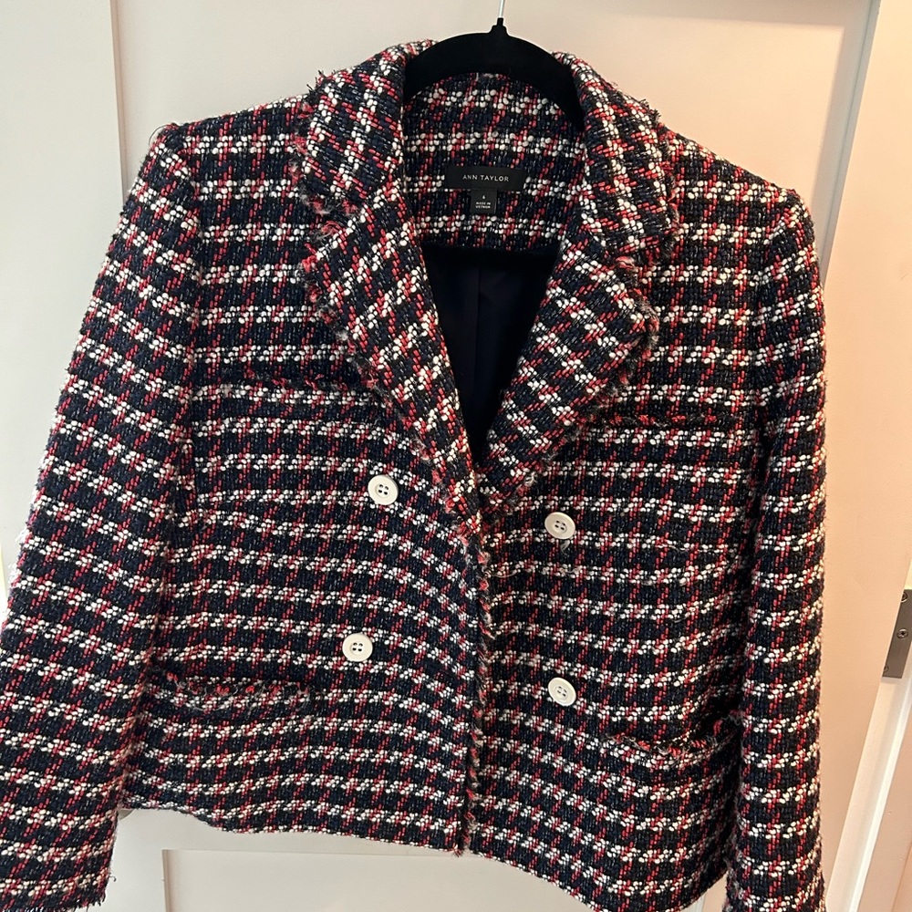 Ann Taylor blazer in navy, white, and red tweed. Size 6.